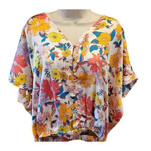 Willow & root colorful floral Batwing v neck satin cottagecore S button front